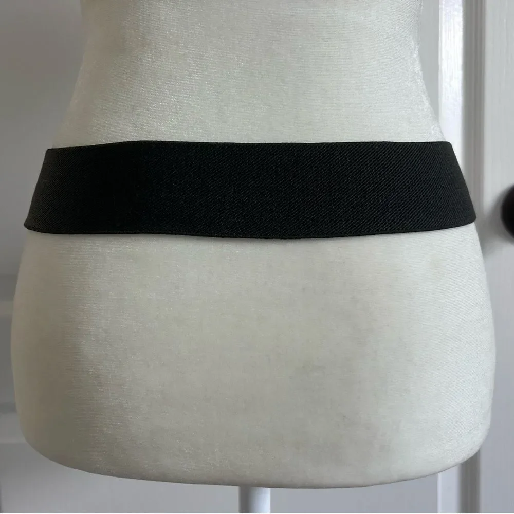 Black Wide Stretch Belt with Silver Statement Buckle Textured Faux Leather